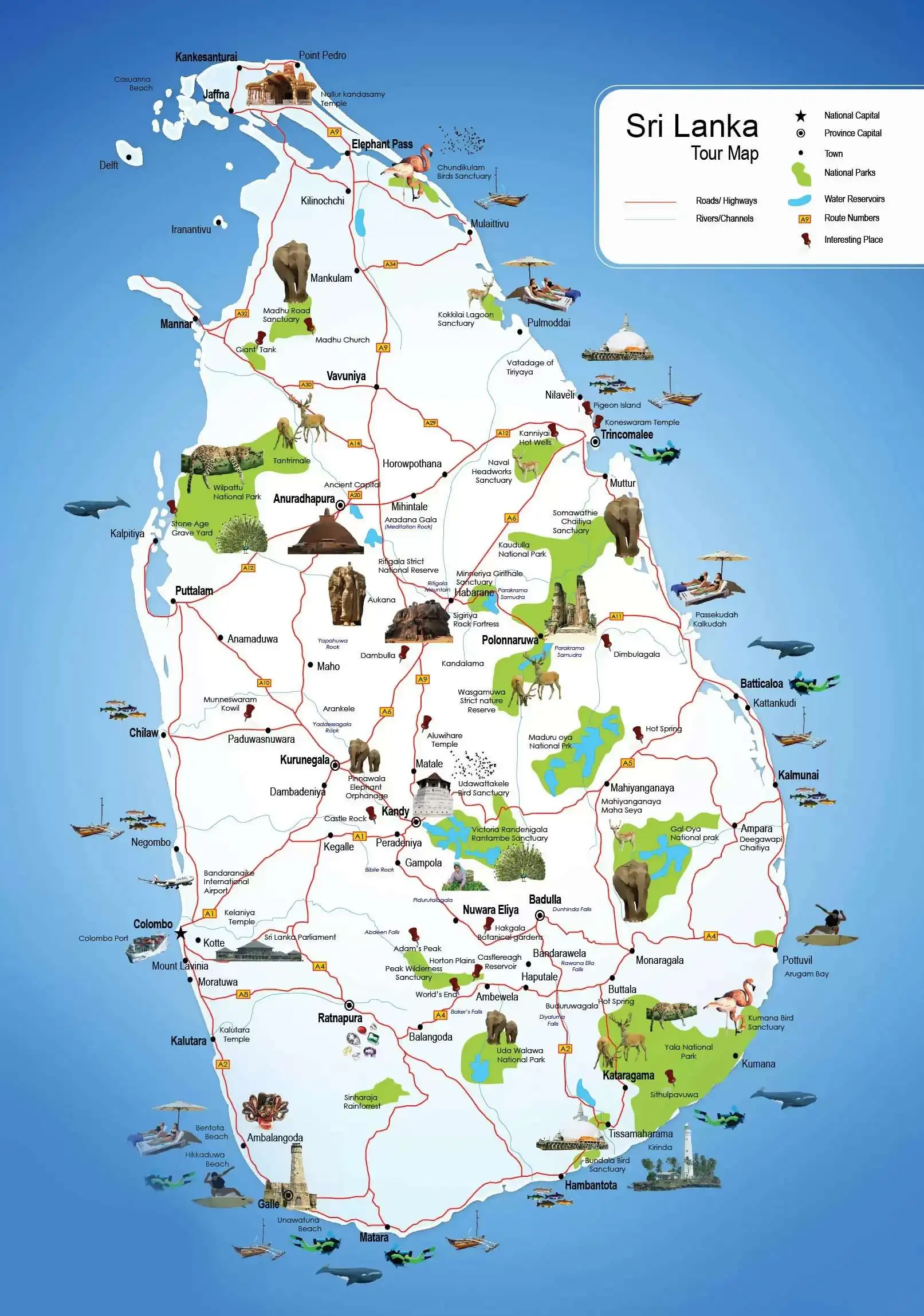 Map of Sri Lanka highlighting popular ETA travel destinations like Colombo, Kandy, Galle, and Sigiriya.